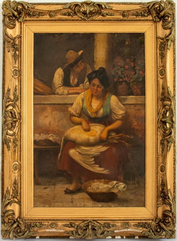 Illegibly Signed Genre Scene Oil on Canvas (1 of 11)