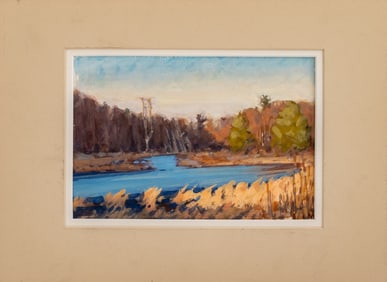 Illegibly Signed "Late Light, Boause Pond" Gouache