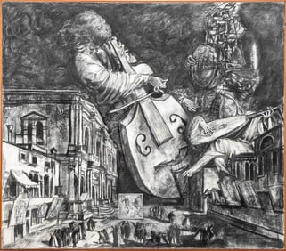 David Newman Musicians in Cityscape Oil on Canvas