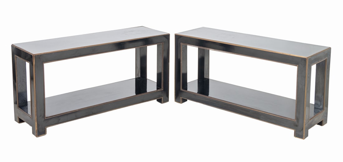 Maison Jansen Attr. Black Lacquered Tables, Pair: Pair of Maison Jansen Attributed Black Lacquered Brass Banded Console Tables, with four legs conjoined by undertier, in the style of Alain Delon. 23.5" H x 47.25" W x 15.75" D. Provenance: From a New