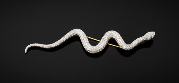 18K White & Yellow Gold Pave Diamond Snake Brooch