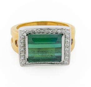 18K Gold Green Tourmaline Diamond Ring