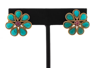 14K Yellow Gold Turquoise Ruby Earrings