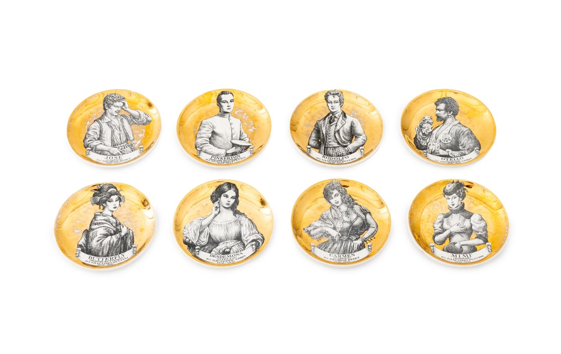 Fornasetti "Melodramma" Porcelain Coasters, 8: Set of Eight Piero Fornasetti "Melodramma" Porcelain Coasters, depicting opera singer portraits with gilded backgrounds, marked "Melodramma / Fornasetti Milano / Made in Italy" to the underside. Each: