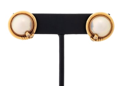 14K Yellow Gold Mabe Pearl Diamond Earrings