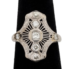 Art Deco 18K White Gold Diamond Sun Spray Ring