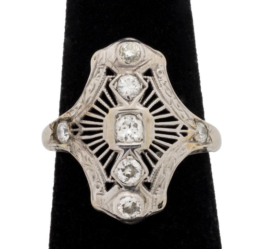 Art Deco 18K White Gold Diamond Sun Spray Ring (1 of 5)