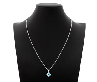 14K White Gold Blue Topaz Diamond Pendant Necklace