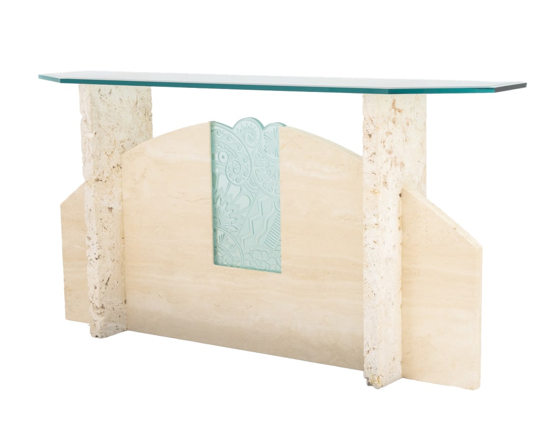 Art Deco Style Glass and Limestone Console Table: Art Deco Style Glass Top and Limestone Console Table, with geometric limestone base and central glass panel. 36" H x 70" W x 15" D. Provenance: From an 880 Fifth Avenue Collection. Keywords: Contempor