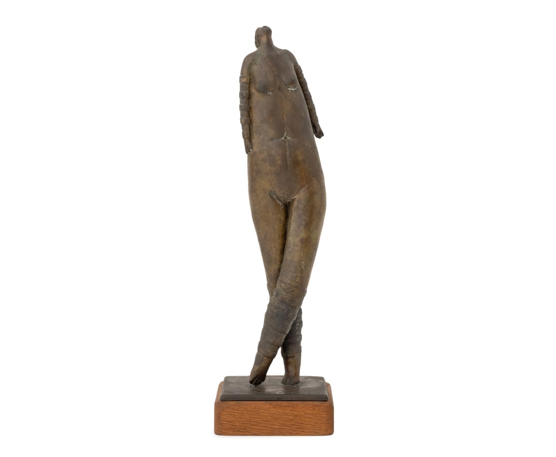 Gerard Belanger Bronze Dancer Sculpture, 1981: Gerard Belanger (Canadian, 1936-2019) Bronze Dancer Sculpture, 1981, signed, dated, and numbered edition "9/10" to the base, mounted on wood base. Overall: 14.25" H x 4.25" W x 3.5" D. Provenance: Fro