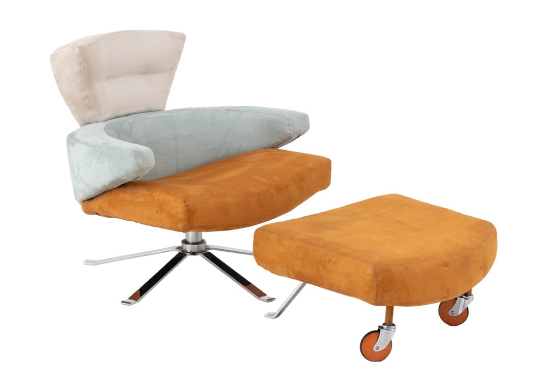 Saporiti Il Loft MA10 Mary Lounge Chair & Ottoman: Giorgio Saporiti for Il Loft "MA.10 Mary" Upholstered Lounge Chair and Ottoman, the swivel chair in gray and tan on chrome-plated base and the ottoman in tan on two chrome legs and two casters. Chair: