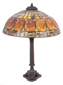 Tiffany Studios Style Slag Glass Bronze Table Lamp