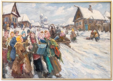 Vladimir Lazarev Winter Village Scene Oil