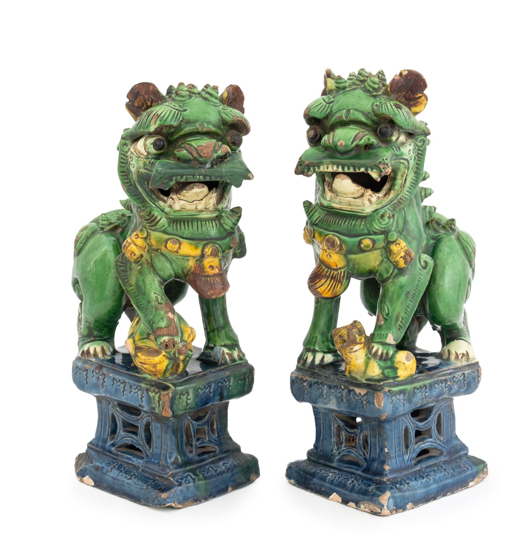 Chinese Sancai Glazed Pottery Foo Dogs, Pair (1 of 9)