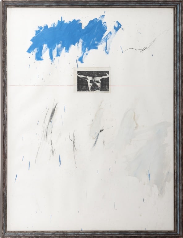 Abstract Expressionist Composition Mixed Media: 20th Century School, Abstract Expressionist Composition in Blue, Oil, Charcoal, and Pastel with Collage Elements on Paper, depicting abstract forms overlaying collaged photograph print of "Minotaur" b