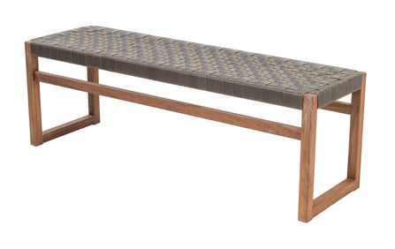 Brown Woven Leather Mahogany Bench