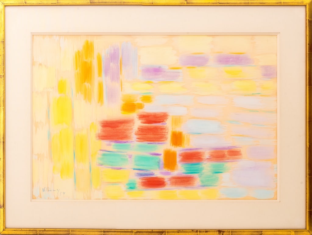 Gerard Vulliamy Abstract Watercolor on Paper, 1954: Gerard Vulliamy (French, 1909-2005), Abstract Composition, Watercolor on Paper, 1954, signed in pencil and dated lower left, giltwood frame. Image: 16" H x 24.5" W; frame: 23" H x 31.75" W. Provenance