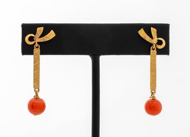 18K Yellow Gold Coral Drop Earrings