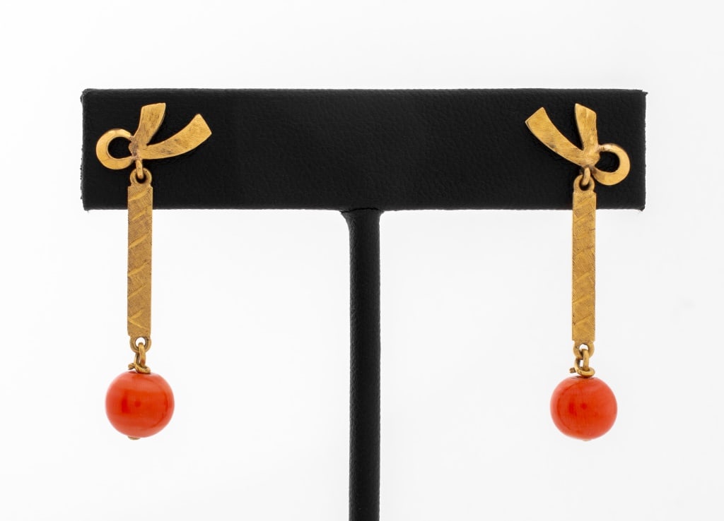 18K Yellow Gold Coral Drop Earrings (1 of 5)