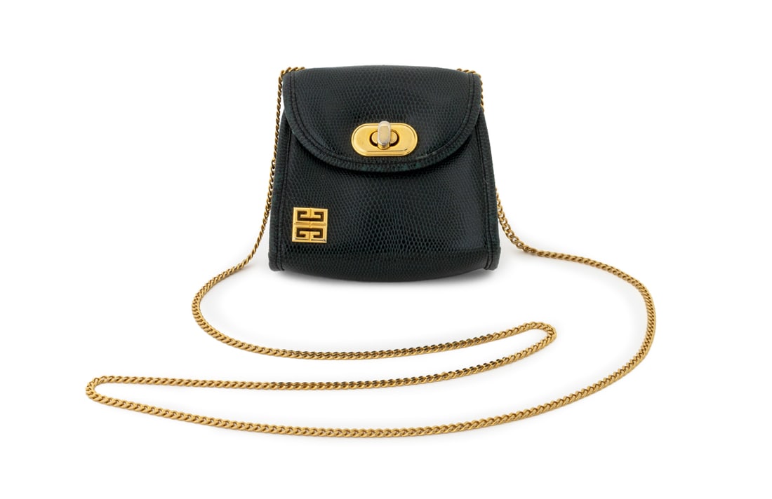 Givenchy "GV3" Green Leather Mini Handbag: Givenchy Green Leather Mini Handbag, with gold-tone hardware and shoulder chain, with "GG" gold-tone logo to the front, marked "Givenchy / Paris / Genuine Leather" to the interior. 4" H x 4.75" W x 2"