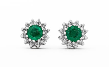 14K White Gold Emerald Diamond Earrings