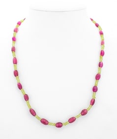 Peridot Tourmaline Bead Necklace 14K Gold Clasp