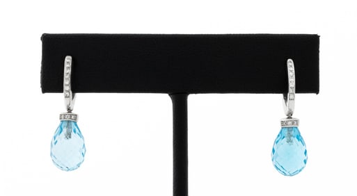 18K White Gold Blue Topaz Diamond Drop Earrings