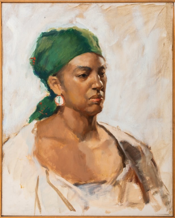 William Kimmel Portrait of a Woman Oil on Canvas: William Kimmel (American, XX-XXI), Portrait of a Woman, Oil on Canvas, depicting a woman in green headdress with large earrings, signed verso, wood frame. Image: 30" H x 24" W; frame: 30.5" H X 24.25"