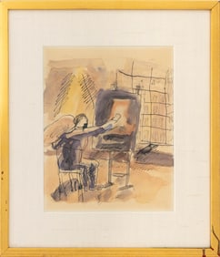 Istvan Farkas Self Portrait at Easel Watercolor