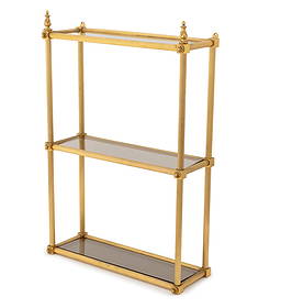 French Modern Brass Three-Tier Wall Etagere: French Modern Brass Three-Tier Wall-Mounted Etagere, with three smoked glass shelves. 27.25" H x 18" W. Provenance: From a New York City Collection. Keywords: French Furniture, Shelving, Storage, Smok