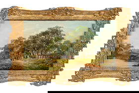 John Mundell Walking Along the River Oil, 19th C.: John Mundell (English, 1818-1875), Walking Along the River, Oil on Canvas, 19th century, signed lower right, carved giltwood frame. Image: 9.5" H x 17.5" W; frame: 14.5" H x 22.5" W x 2.75" D. Provena