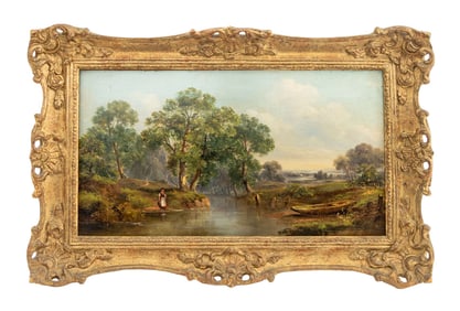 John Mundell River Landscape Scene Oil, 19th C.
