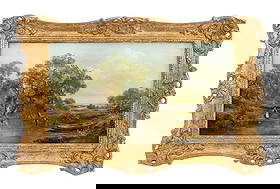 John Mundell River Landscape Scene Oil, 19th C.: John Mundell (English, 1818-1875), River Landscape Scene, Oil on Canvas, 19th century, signed lower lower right, carved giltwood frame. Image: 9.5" H x 17.5" W; frame: 14.5" H x 22.25" W; 2.5" D. Prov