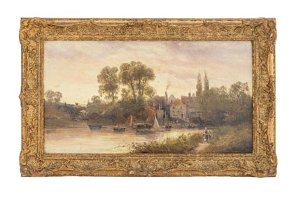 H. Hartley River Boat Scene Oil on Canvas, 19th C.