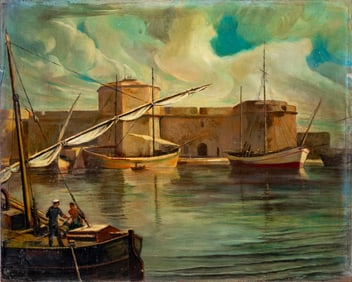 French School Mediterranean Port Oil on Panel