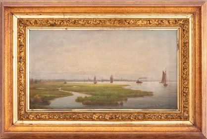 Lemuel L. Lowell Landscape with Ships Oil, 19th C.