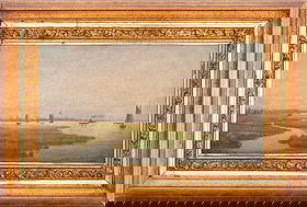 Lemuel L. Lowell Landscape with Ships Oil, 19th C.: Lemuel L. Lowell (American, 1837-1914), Landscape Scene with Ships, Oil on Panel, 19th century, signed lower right, giltwood frame. Image: 6.75" H x 12.75" W; frame: 12.25" H x 18.25" W x 1.75" D. Pro