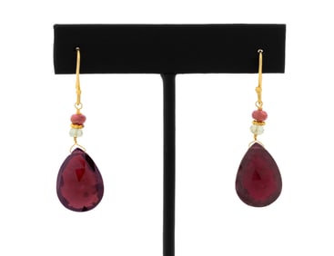 14K Yellow Gold Amethyst Aquamarine Ruby Earrings