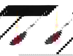 14K Yellow Gold Amethyst Aquamarine Ruby Earrings: Pair of 14K Yellow Gold Amethyst Aquamarine Ruby Earrings, featuring two pear shaped faceted briolette amethysts weighing a total of approx. 10.00 carats, further adorned with two faceted aquamarine r