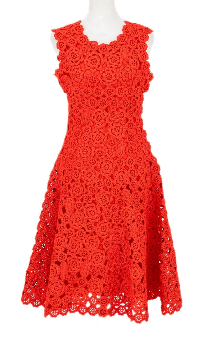 Christian Dior Sleeveless Red Dress: Christian Dior Sleeveless Red Dress, with silk lining having a woven floral overlay and side zipper, with "Christian Dior" label. Overall length: 41.5"; Shoulders: 13.5"; Bust: 32"; Waist: 28". Size 8