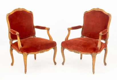 Louis XV Style Velvet Upholstered Armchairs, Pair