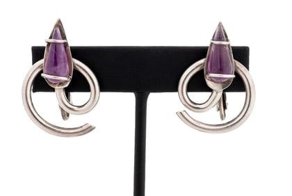 Taxco Mexican Silver & Amethyst Clip Earrings