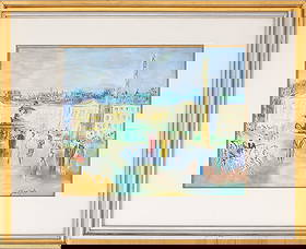 Place de la Concorde Scene Watercolor on Paper: Place de la Concorde Scene, Watercolor on Paper, bearing signature "Jean Dufy" lower right, giltwood frame. Image: 12.5" H x 15.5" W; frame: 21" H x 26" W x 1" D. Provenance: From an Upper East Side E