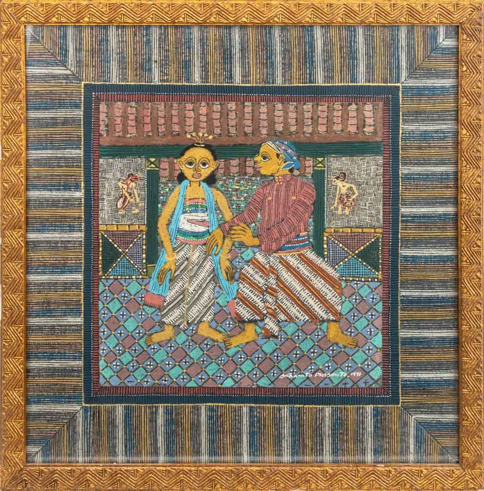 Sukamto Dwi Susanto Couple Portrait Gouache: Sukamto Dwi Susanto (Indonesian, b. 1952), Couple Portrait, Gouache on Board, 1996, with applied illustrated paper figures to each side, signed and dated lower right, carved giltwood frame. Image: 19.
