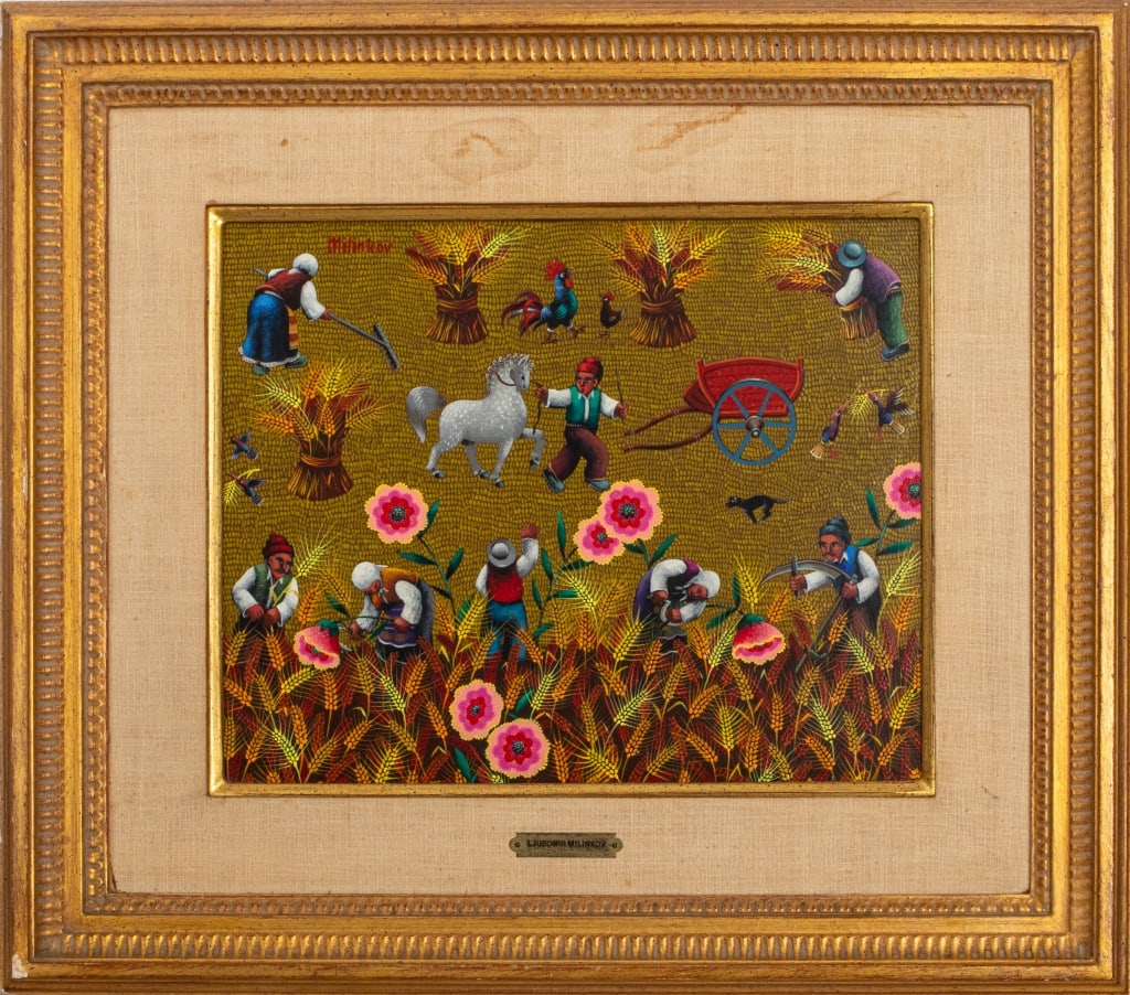 Ljubomir Milinkov "Le Moissonnier" Oil on Board: Ljubomir Milinkov (Serbian, b. 1938), "Le Moissonnier" [The Reaper], Oil on Board, signed upper left, giltwood frame. Image: 12.5" H x 15.5" W; frame: 22.5" H x 25.5" W. Provenance: Property from a Mo