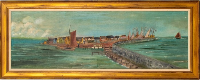 Illegibly Signed Village on the Sea Oil on Canvas