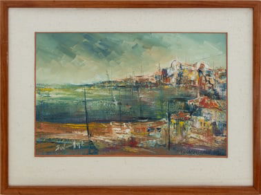 Illegibly Signed Abstract Harbor Scene Oil, 1992