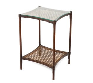 Modern Two-Tier Mahogany and Caned End Table