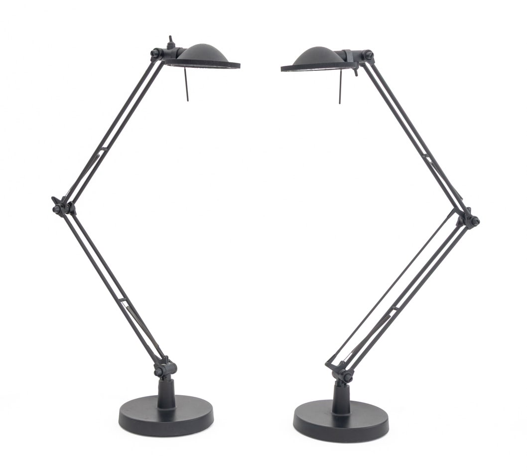 Meda & Rizzatto for Lucepan Desk Lamps, Pair: Pair of Alberto Meda and Paolo Rizzatto for Lucepan Black Adjustable Desk Lamps, each marked "Meda / Rizzatto / Made in Italy / Lucepan" to shade. Fully extended: 31.5" H x 5.5" Diameter. Provenance: