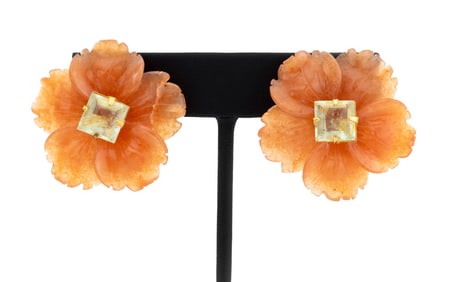 Hassan Bounkit Orange Stone Flower Clip Earrings
